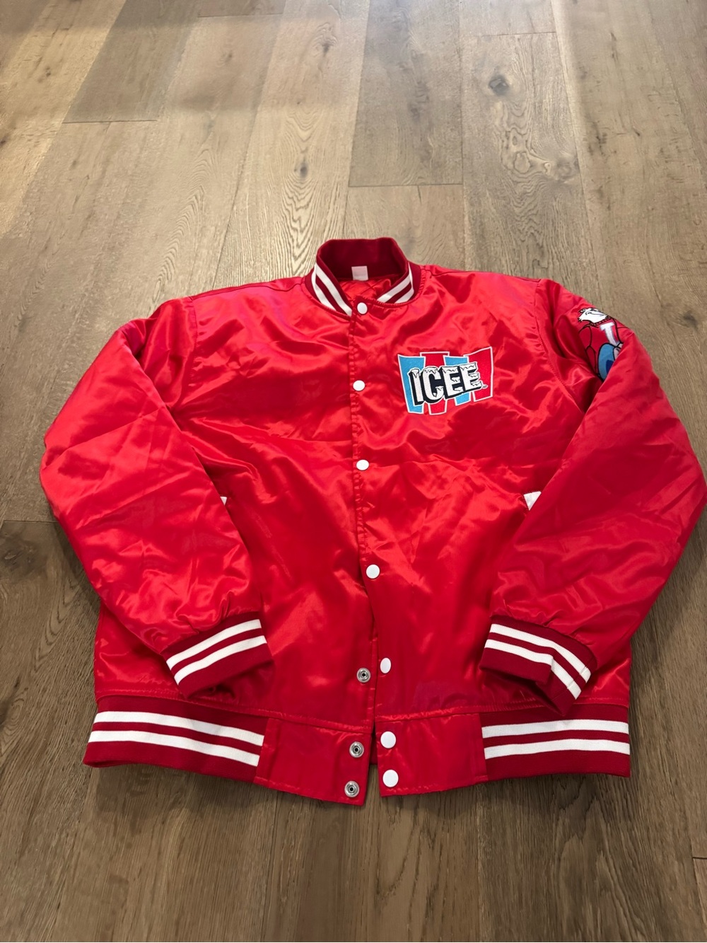 ICEE Red Satin Bomber Jacket with Logo Patch